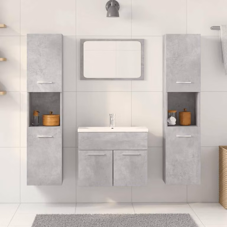 Set di mobili da bagno moderno vidaXL in legno e vetro, colore grigio e bianco, composto da mobile sottolavabo e pensile a parete