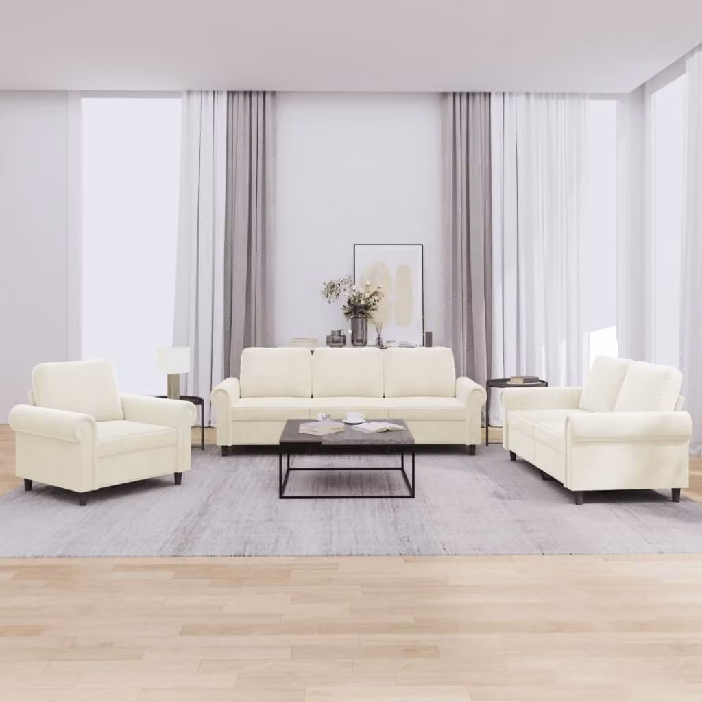 Set di divani 3 pezzi vidaXL in velluto beige con cuscini per soggiorno moderno – 1