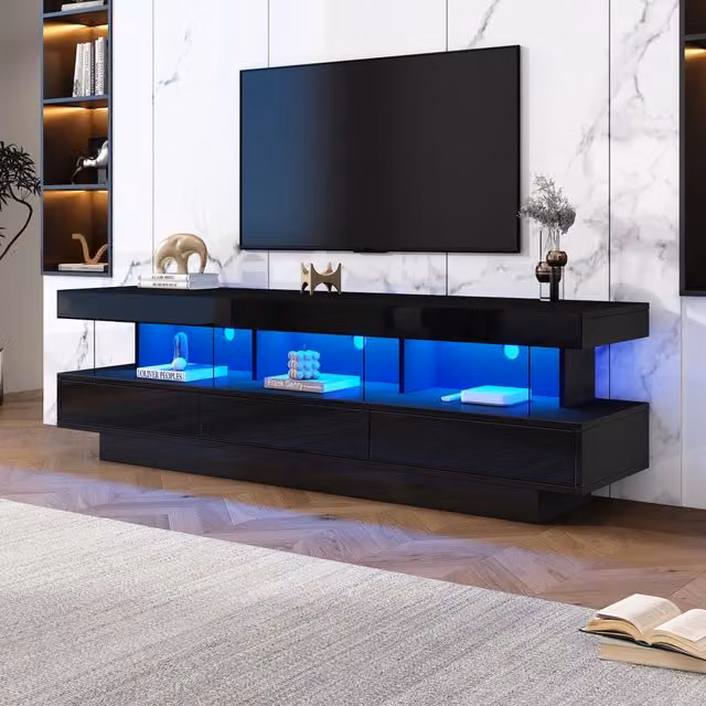 Mobile TV- lucido nero- 3 vani vetro- LED- Bluetooth- per TV 70"- 160x38x50.5 cm