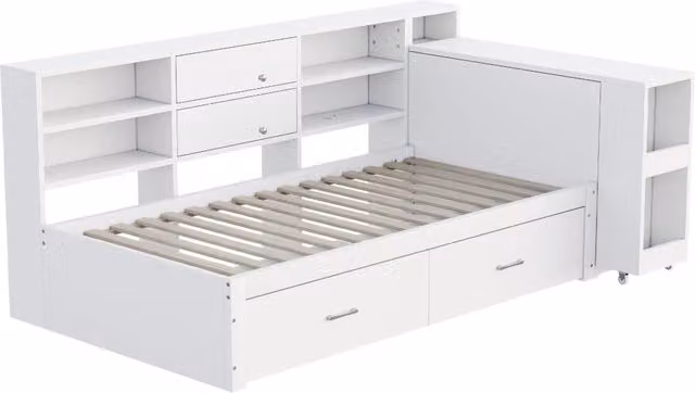 Letto singolo Chicfurn bianco con contenitore, scrivania estraibile, cassetti e porte USB, L/P/H: 90 x 200 x 120 cm – 1