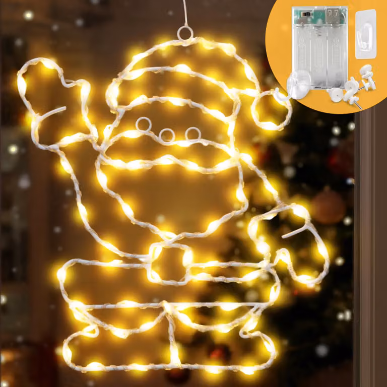 Luce decorativa a forma di Babbo Natale per finestre, con 82 LED bianchi caldi, timer integrato, dimensioni 22x21 cm