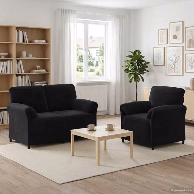 Set di 2 divani moderni vidaXL in velluto nero con struttura in metallo e cuscini inclusi