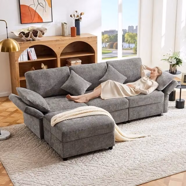 Divano angolare L con poggiapiedi estraibile 3 posti ¨C Minimal ¨C grigio tessuto chenille cuscini braccioli regolabili