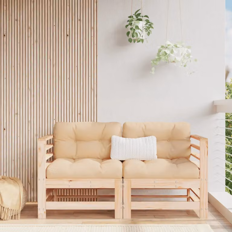 Set di 2 Divani Angolari da Giardino vidaXL in Legno di Pino Rustico, Colore Marrone e Beige con Cuscini in Tessuto