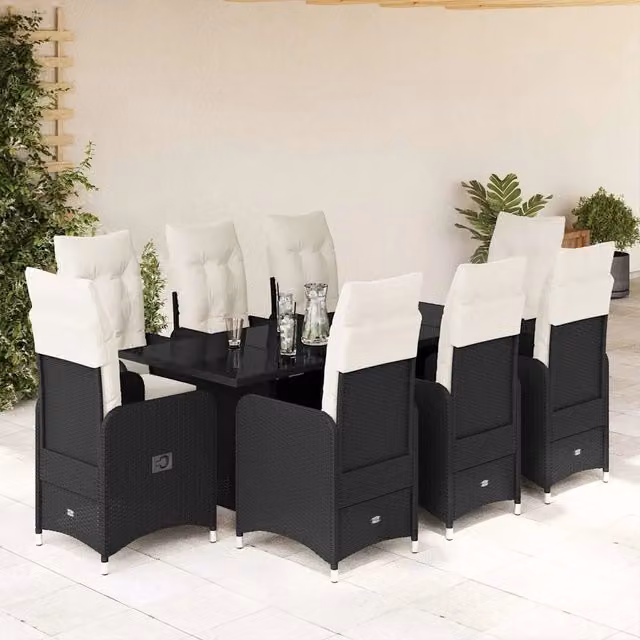 Set Bistrò da Giardino vidaXL 9 pz in Polyrattan Nero e Bianco con Piano in Vetro – 1