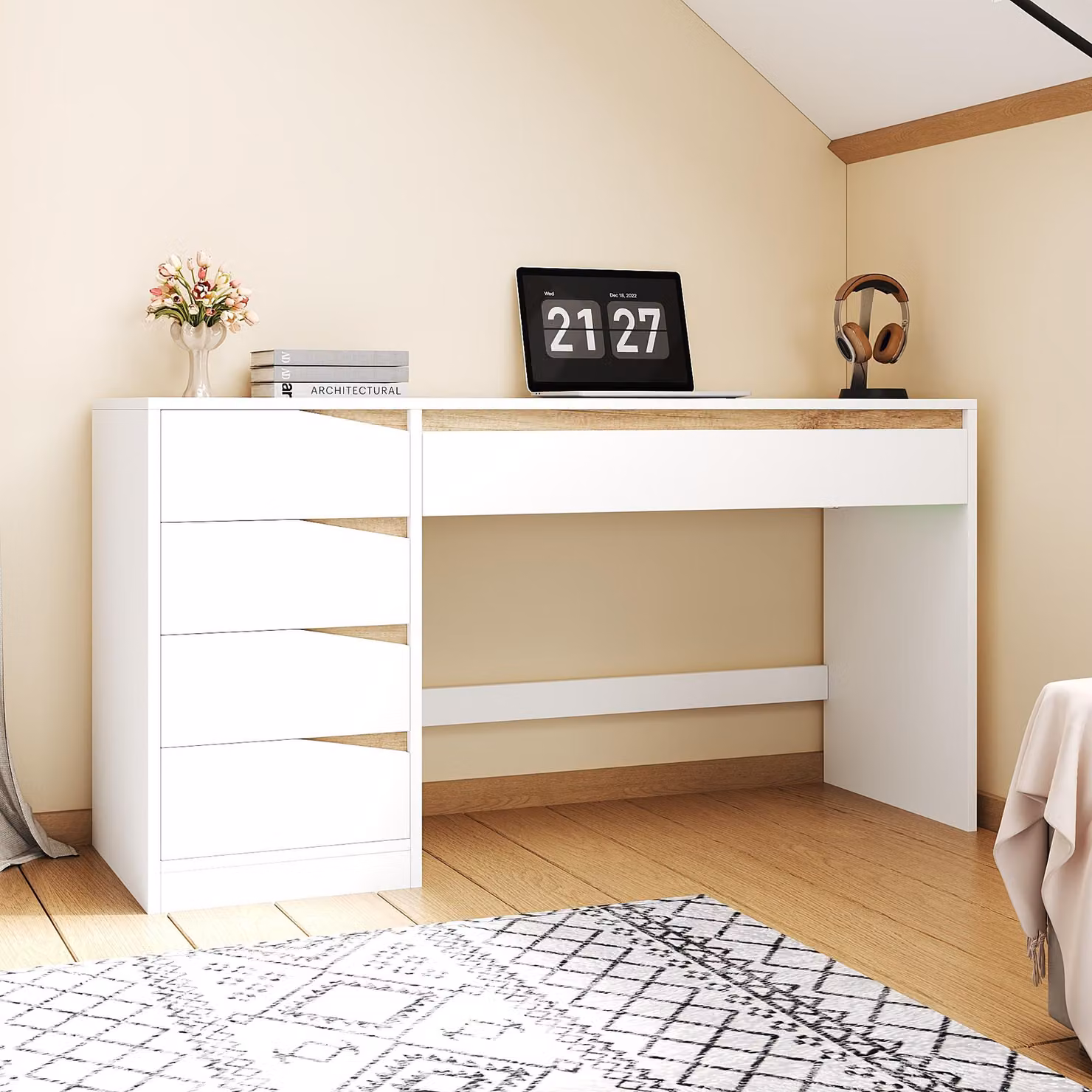 Scrivania Flieks con 5 cassetti, scrivania per computer con superficie di lavoro extra-large, tavolo da trucco con spazio contenitivo, ideale per l'ufficio domestico, la camera da letto, colore bianco