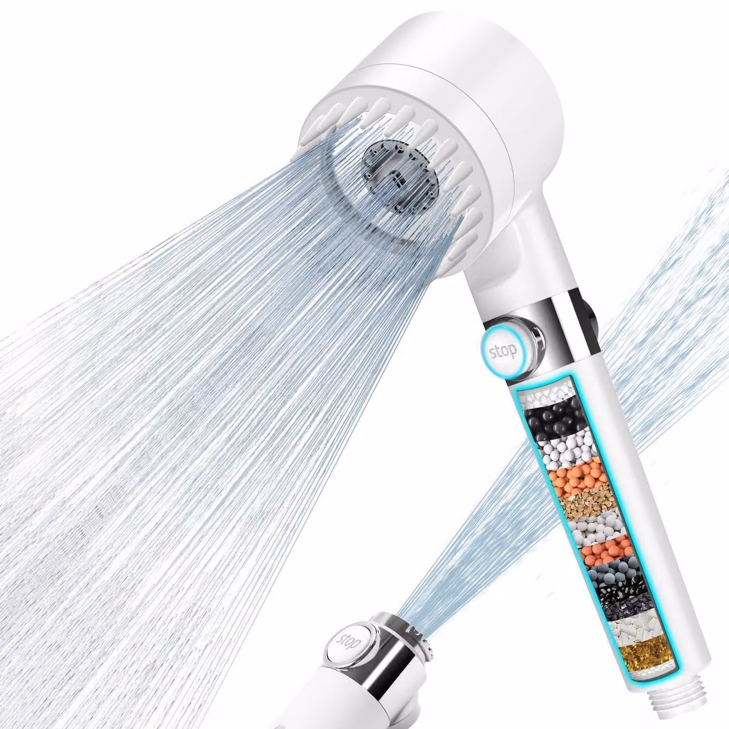 Rubinetto manuale con filtro a 15 strati, 3 tipi di getto, tubo da 1,5 metri, a risparmio idrico, colore bianco