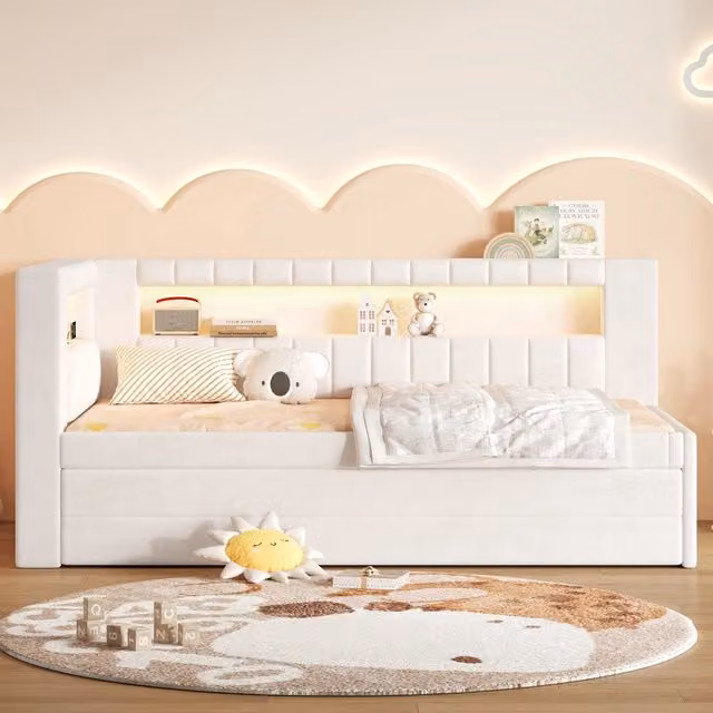 Letto singolo 90x200 cm imbottito bianco con LED a 7 colori; USB; letto estraibile e 3 cassetti