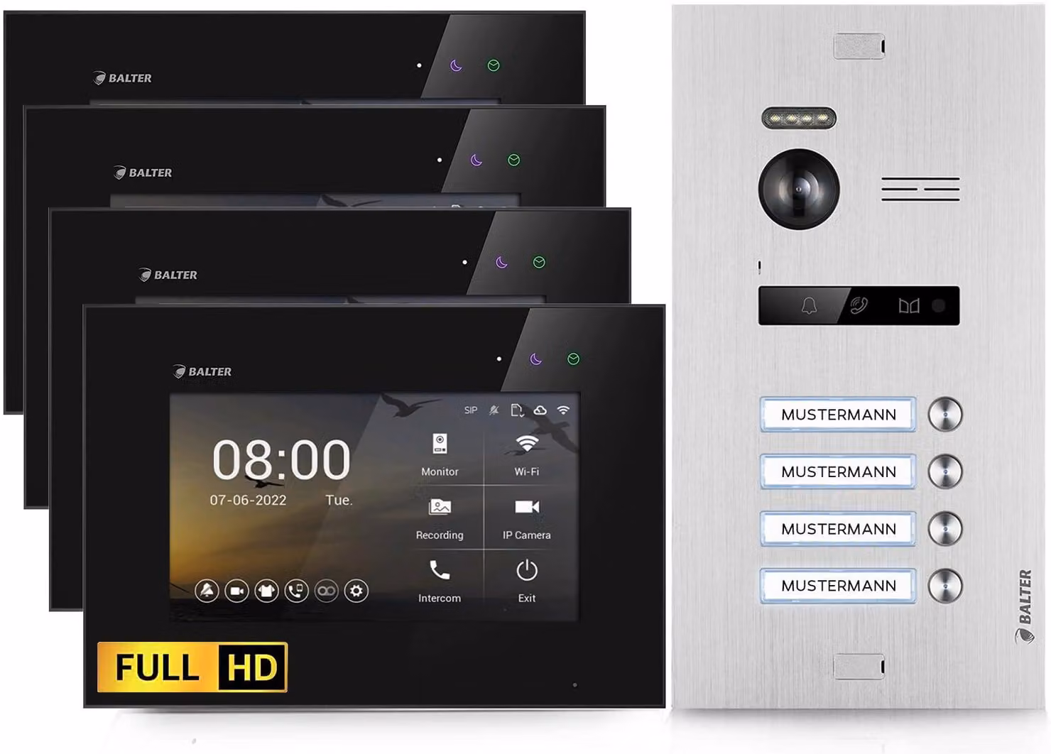 Kit videocitofono per 4 famiglie - Monitor HD da 7 pollici - Telecamera Full HD