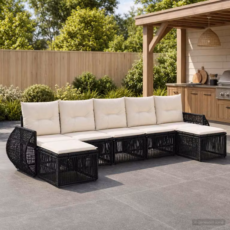 Maison Exclusive - Set da giardino composto da 7 pezzi. Divano da giardino in rattan sintetico, colore nero e crema