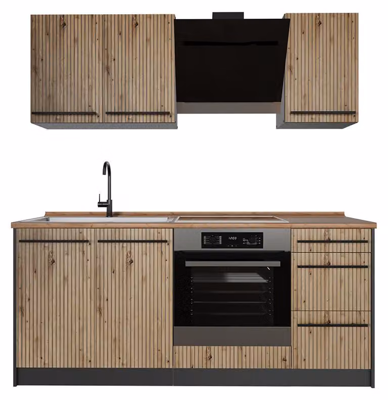 Cucina monoblocco Vicco R-Line Rovere artigianale/Antracite 180 cm piano di lavoro Rovere dorato, Model 66974