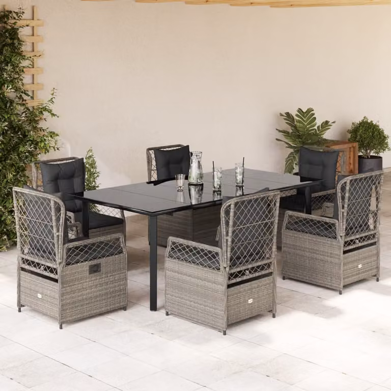 Set da Pranzo da Giardino vidaXL in Polyrattan e Vetro con 7 Pezzi, Grigio e Nero