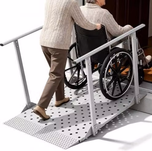 Rampa per sedia a rotelle VEVOR in ferro resistente con corrimano, colore argento, L: 114 cm, P: 85 cm