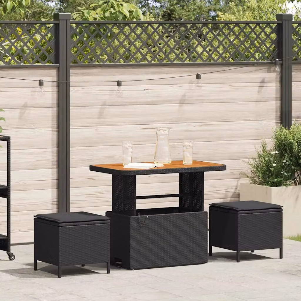 Set da pranzo per giardino e terrazzo vidaXL in polyrattan e legno di acacia nero, composto da 3 pezzi con tavolo quadrato