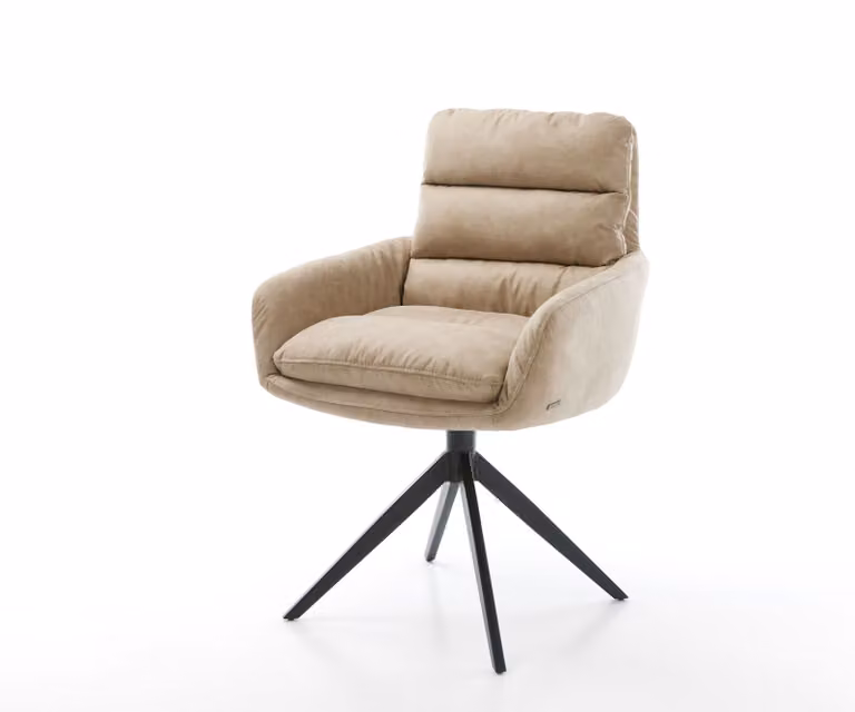 Sedia da pranzo DELIFE Abelia-Flex con braccioli, in microfibra beige vintage, con base a croce larga nera