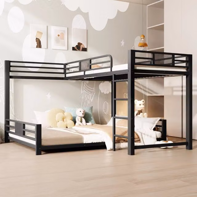 Letto a castello in metallo a L 90 x 200 cm sopra 140 x 200 cm - Nero