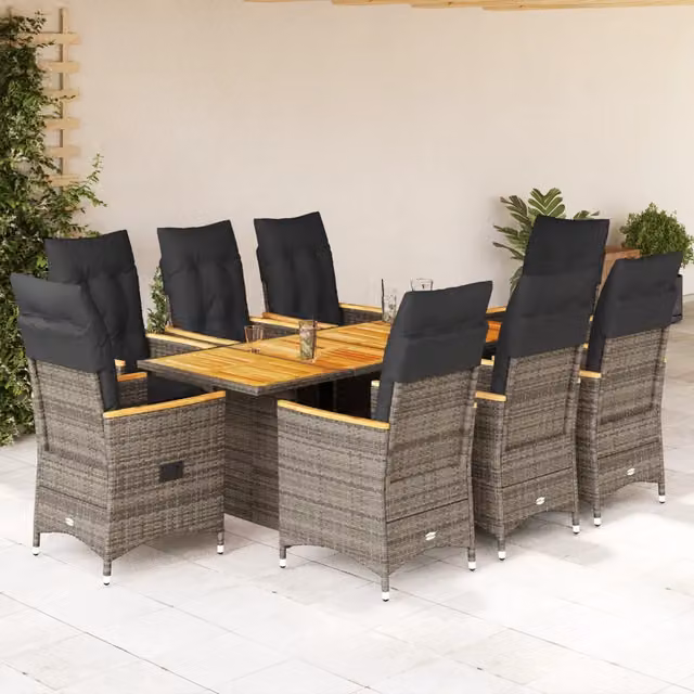 Set da pranzo da giardino vidaXL in polyrattan e legno di acacia grigio, 9 pezzi