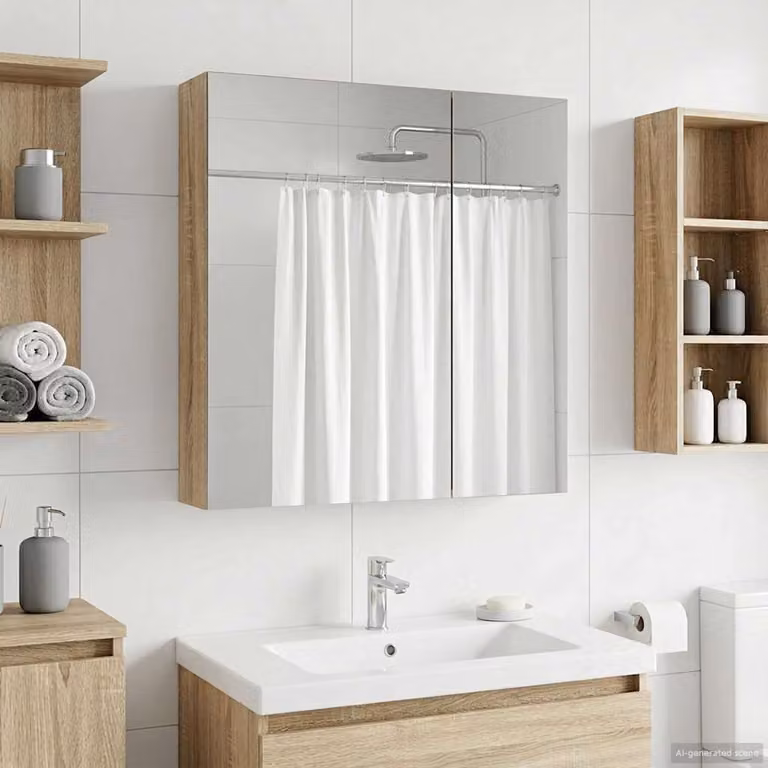 Mobiletto da bagno sospeso vidaXL in Rovere Sonoma con ante a vetro, L: 60 cm, P: 14,5 cm, H: 70 cm