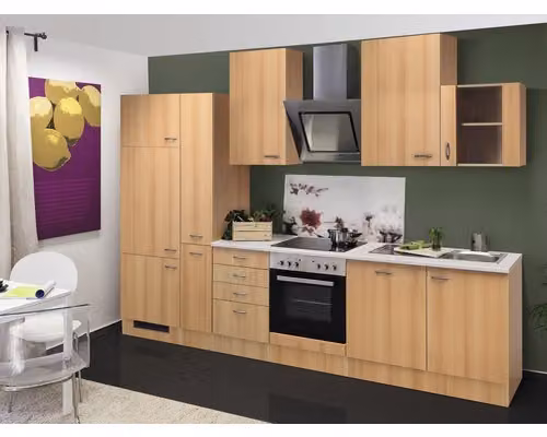 Blocco cucina con elettrodomestici Flex Well Nano 310 cm colore frontale faggio opaco colore mobile faggio
