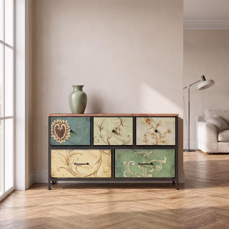 Comodino retrò INONEFT con 5 cassetti, mobiletto contenitore con struttura in acciaio, mobile TV/comodino in tessuto per camera da letto, ingresso, dimensioni 100x30x55 cm