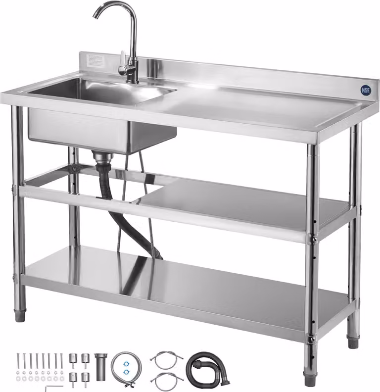 Lavello SucceBuy in acciaio inox (120 x 50 x 94 cm), monovasca con rubinetto e due ripiani, lavello da cucina per garage, ristorante o esterno, lavabo con piano di lavoro (a destra)