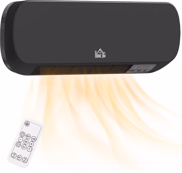 Stufa Elettrica a Parete HOMCOM in Ceramica con Telecomando e Timer, Nero – 1