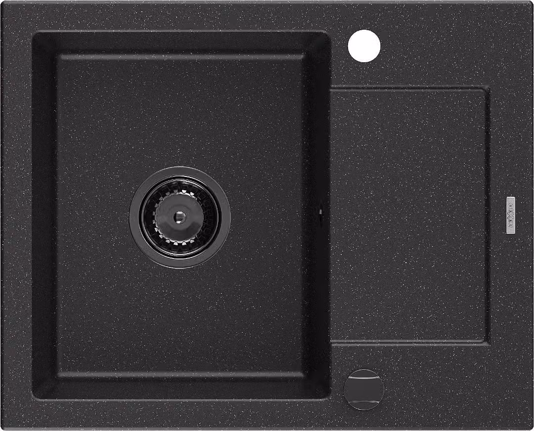 Mexen Enzo lavello in granito a 1 vasca con sgocciolatoio 576 x 465 mm, nero/argento metallizzato, sifone nero - 6506571005-73-B