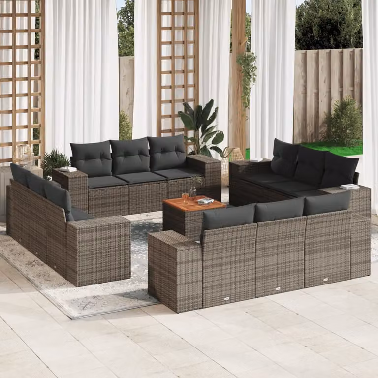 Set di divani da giardino vidaXL in polyrattan grigio con cuscini, forma a U e tavolino da esterno