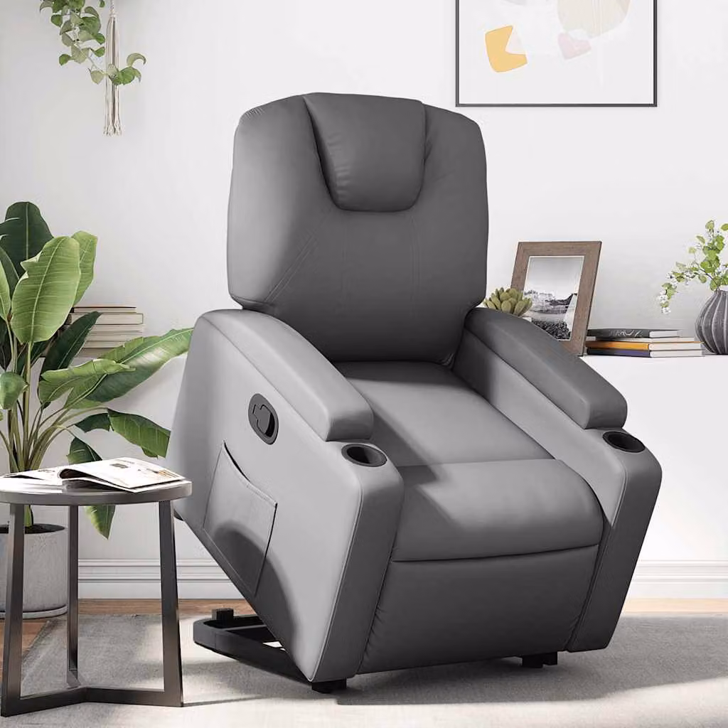 vidaXL Poltrona Alzapersona Reclinabile Grigia in Similpelle con Assistenza Elettrica e Braccioli – 1