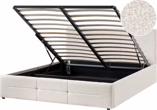 Letto ottomano bianco sporco bouclé 160x200 cm con testiera sollevabile e base a doghe Design moderno