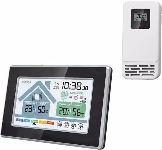 Stazione meteorologica digitale per interni ed esterni con display a colori, termometro, barometro e calendario, alimentata a batterie, con retroilluminazione regolabile.