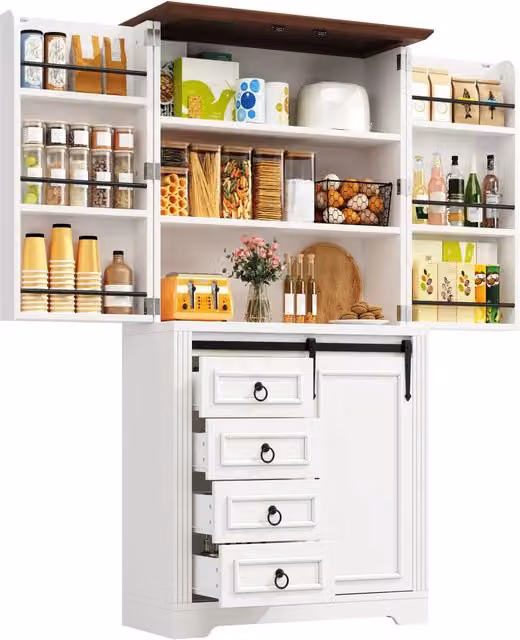 Colonna da cucina e soggiorno bianca con 4 cassetti, ripiani regolabili e chiusura silenziosa, L/P/H: 40 x 53 x 180 cm – 1