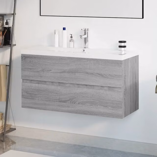 Mobile Bagno e Lavabo Integrato-Lavandino-Armadietto da bagno Grigio Sonoma Legno Multistrato 132299