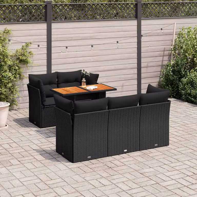 Set Divano da Giardino vidaXL 6 pz in Polyrattan Nero con Cuscini e Tavolino da Esterno a Forma di L