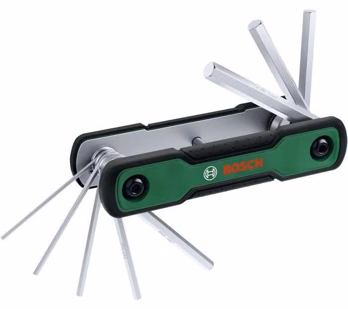 Set di chiavi esagonali pieghevoli Bosch, 8 in 1, in acciaio cromo-vanadio, con le seguenti misure: HEX1.5, HEX2, HEX2.5, HEX3, HEX4, HEX5, HEX5.5, HEX6