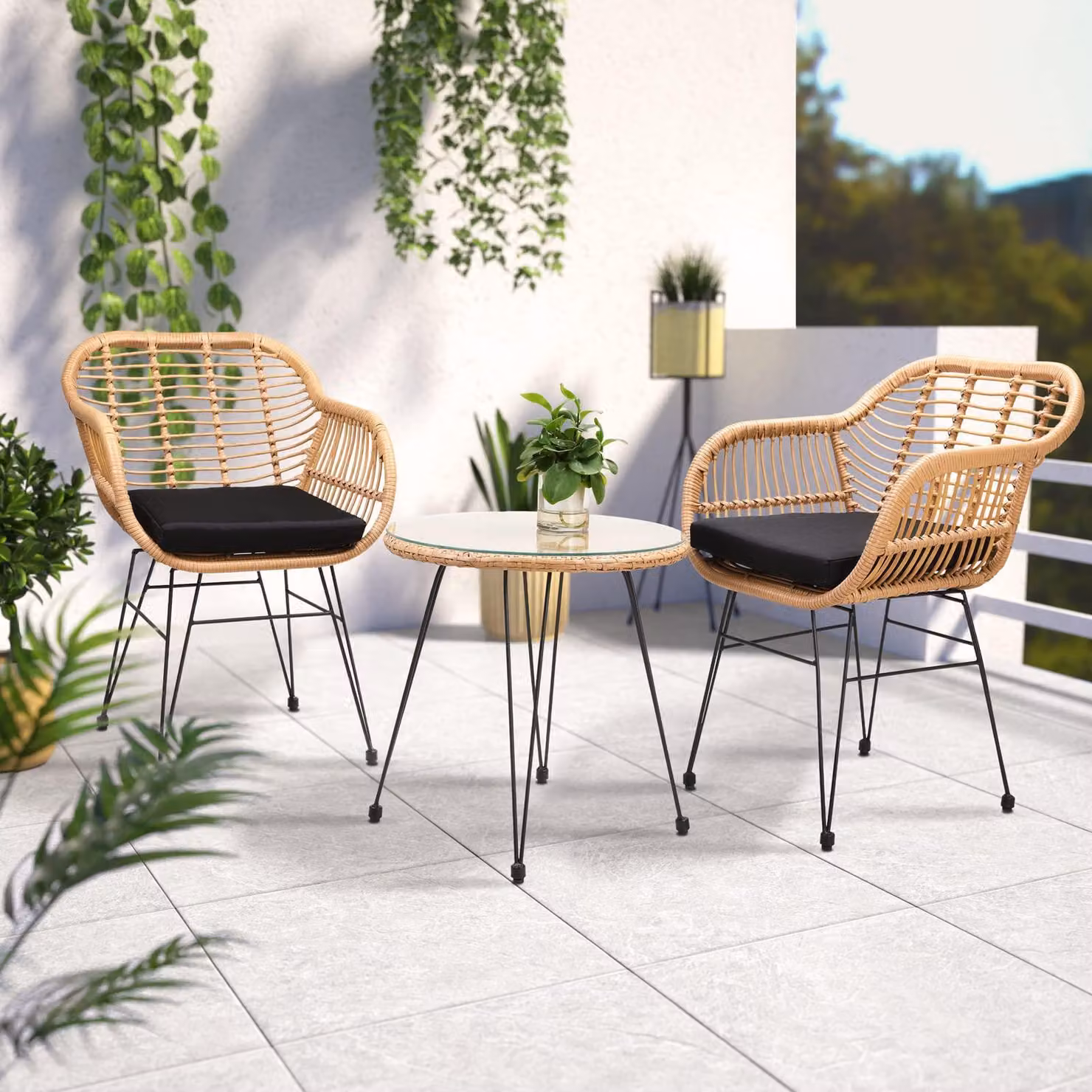 Set da giardino composto da tre elementi, colore nero naturale, in rattan sintetico e acciaio, adatto sia per interni che per esterni