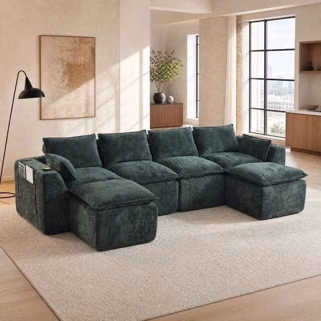 Divano angolare modulare MIVRAY in velluto verde con cuscini inclusi e seduta a molle per il tuo soggiorno L/P/H: 322 x 161 x 75 cm