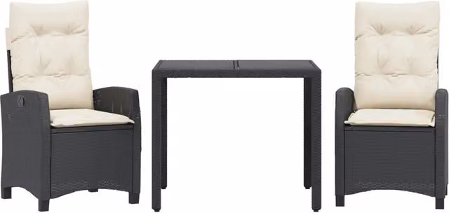 Set da Pranzo da Giardino 3 pz | Set Salotto da Giardino con Cuscini Nero in Polyrattan
