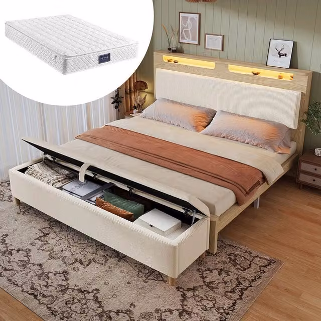 Letto matrimoniale-Xylo-140x200 cm-con banquette, LED, velluto beige, quercia chiaro, con materasso