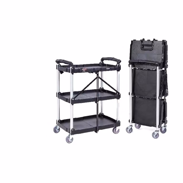 Carrello di utilizzo, design pieghevole, ripiani mobili, nero