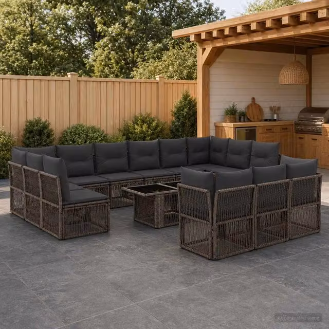 Set Divano da Giardino vidaXL a forma a U in Polyrattan Grigio con Tavolino e Cuscini – 1