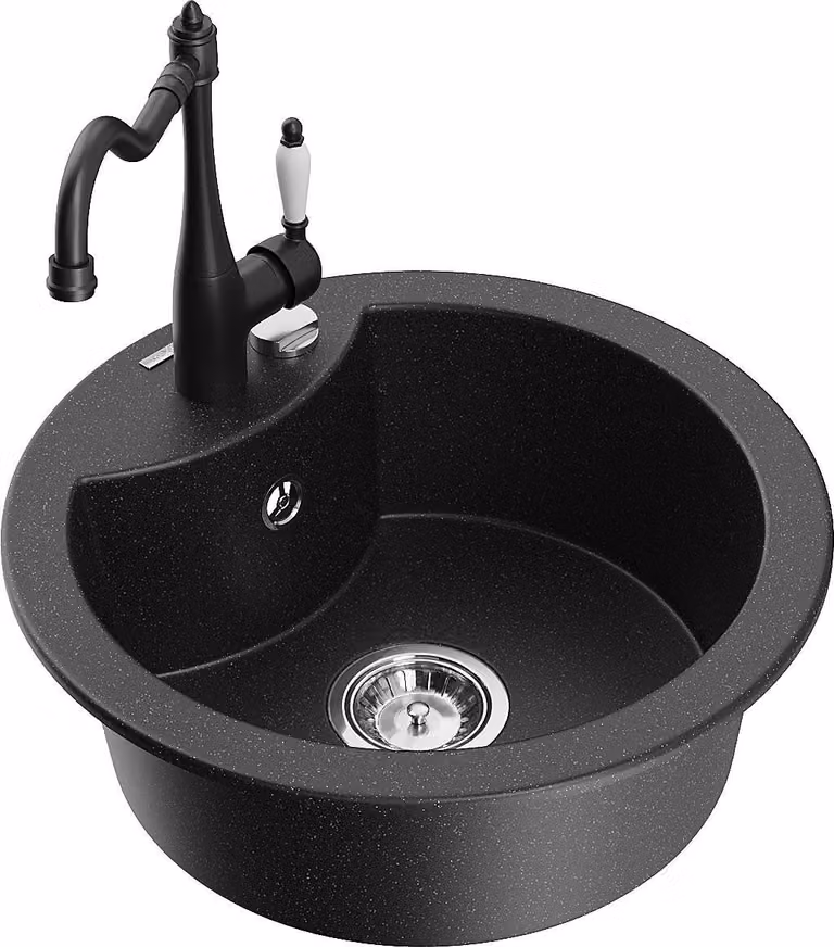 Mexen Diego lavello in granito 1-vasca con rubinetto da cucina Carla, nero/metallico argento - 6512-73-670700-70