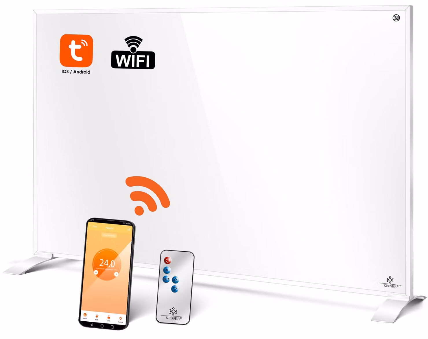 KESSER® Riscaldatore a infrarossi 2in1, da posizionare a terra o da montare a parete, con telecomando, termostato e controllo tramite app