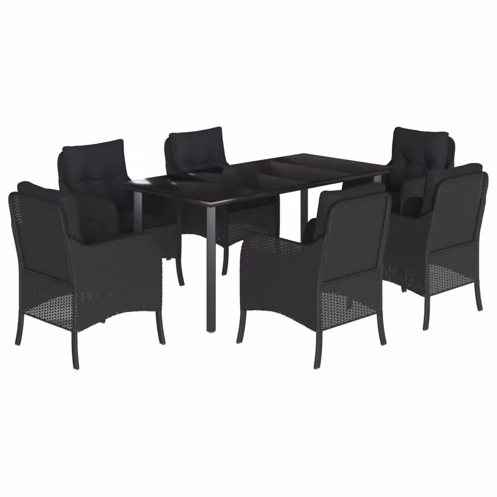 Set da Pranzo da Giardino vidaXL in Polyrattan Nero con Piano in Vetro e 7 Sedute – 2