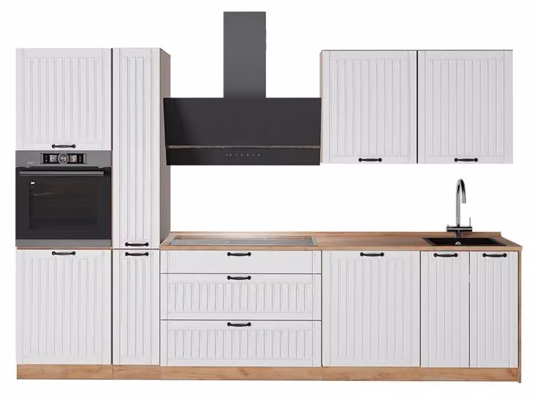Cucina componibile Vicco Fame-Line Bianco rustico/Rovere dorato 310 cm senza piano di lavoro, Model 64315