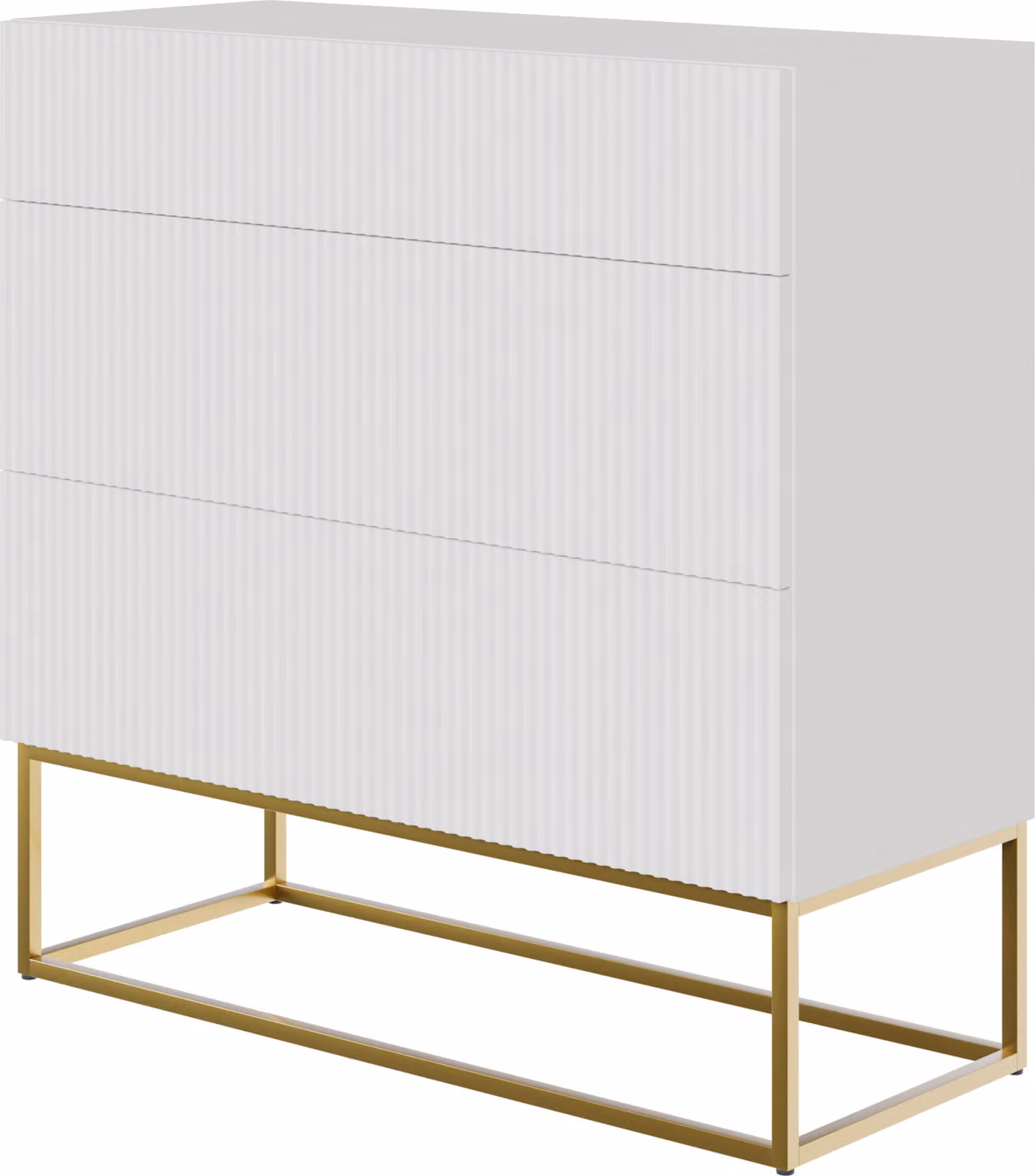 Selsey VELDIO - Comodino a 3 cassetti, bianco con struttura in metallo dorato, larghezza 90 cm