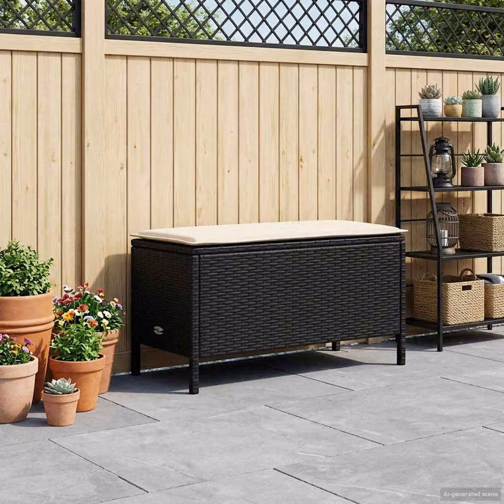 vidaXL Poggiapiedi da Giardino in Polyrattan con Cuscini, Nero e Beige, L 80 x P 38 x H 45 cm