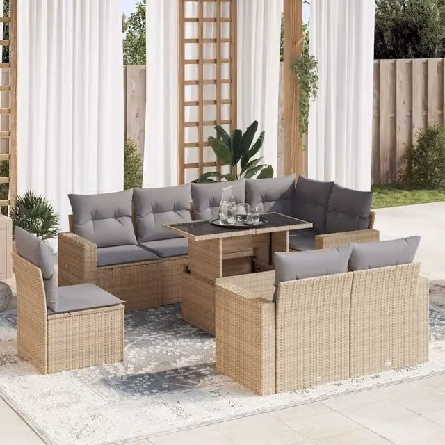 Set Divano da Giardino a L vidaXL in Polyrattan con Cuscini Beige e Tavolino da Esterno 9 Pezzi – 1