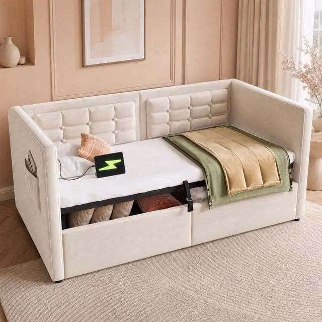Letto divano imbottito in tessuto beige con contenitore a sollevamento idraulico e ricarica USB, L/P/H: 216 x 90 x 75 cm