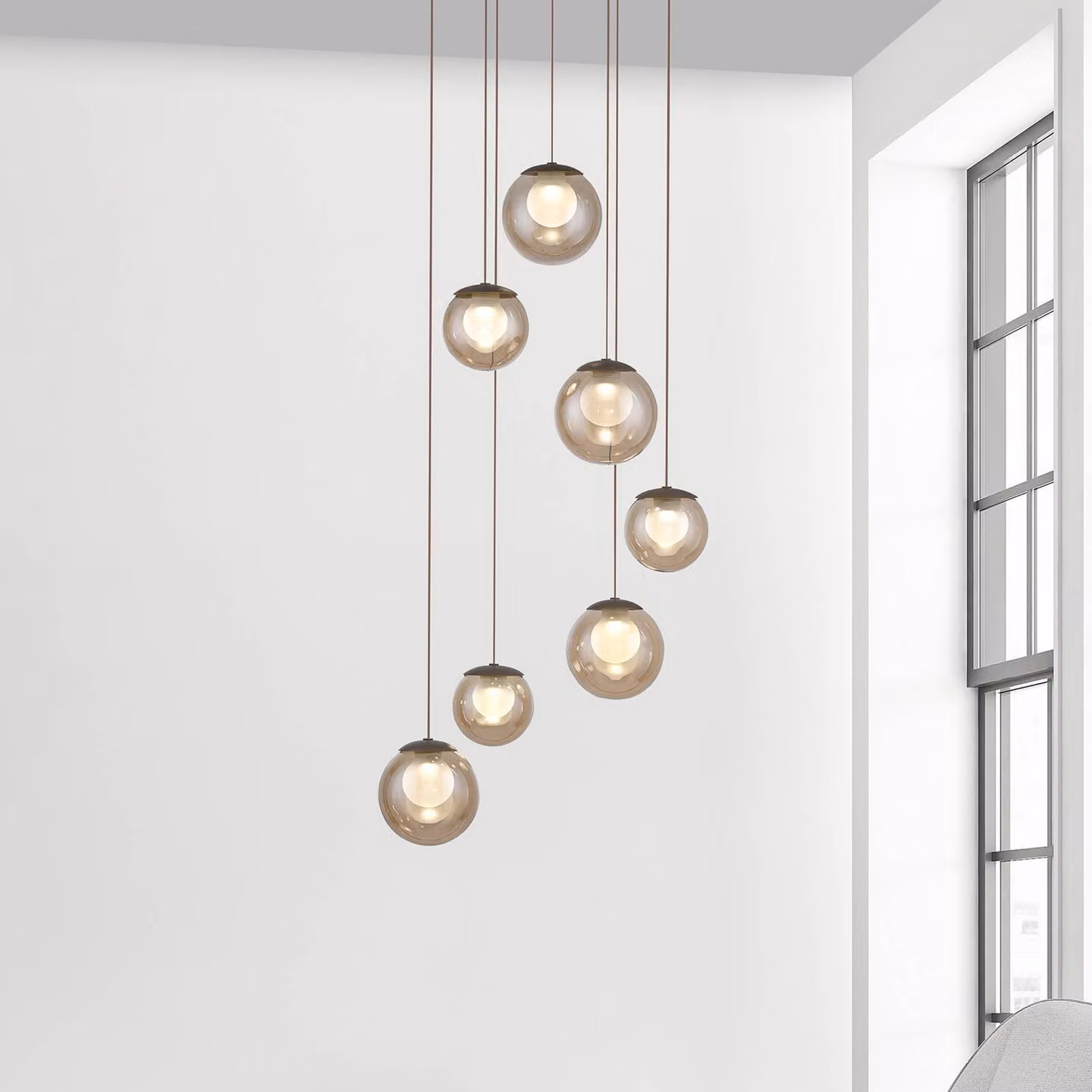 PURE Lampada LED a sospensione Popup, bronzo/ambra, Ø 40 cm, 7 luci dimmerabile, Bronzo / Ottone antico, Soggiorno / Sala da pranzo, Alluminio